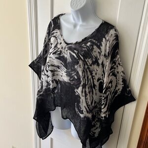Chico's Linen V- Neck Marble Sheer Poncho Caftan Black White Women's L/XL Layer